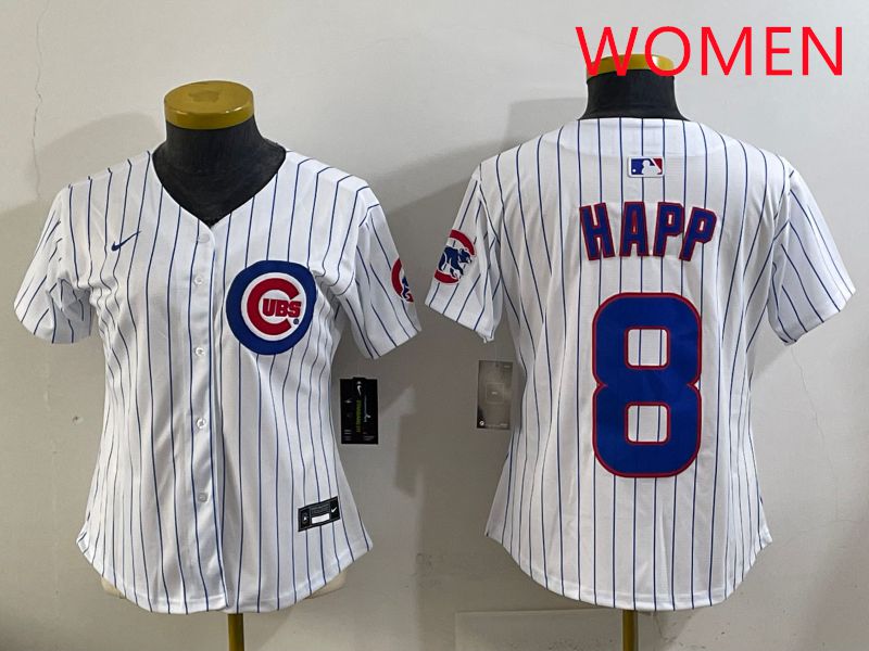 Women 2025 Chicago Cubs #8 Happ White Stripe Game Nike MLB Jersey style 1->women mlb jersey->Women Jersey